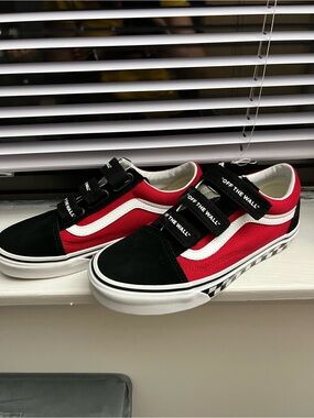 Vans Old Skool V Red Black White Checkerboard Velcro Shoes Women 6.5 Men 5